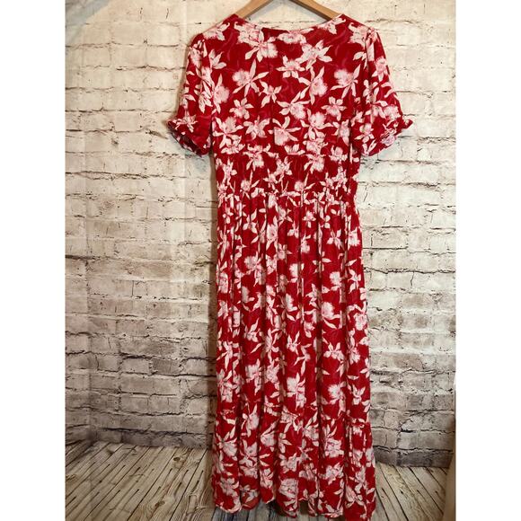 Amanda's Collection Babydoll Dress Womens Medium Red Tropical Floral Cottage - Picture 11 of 13